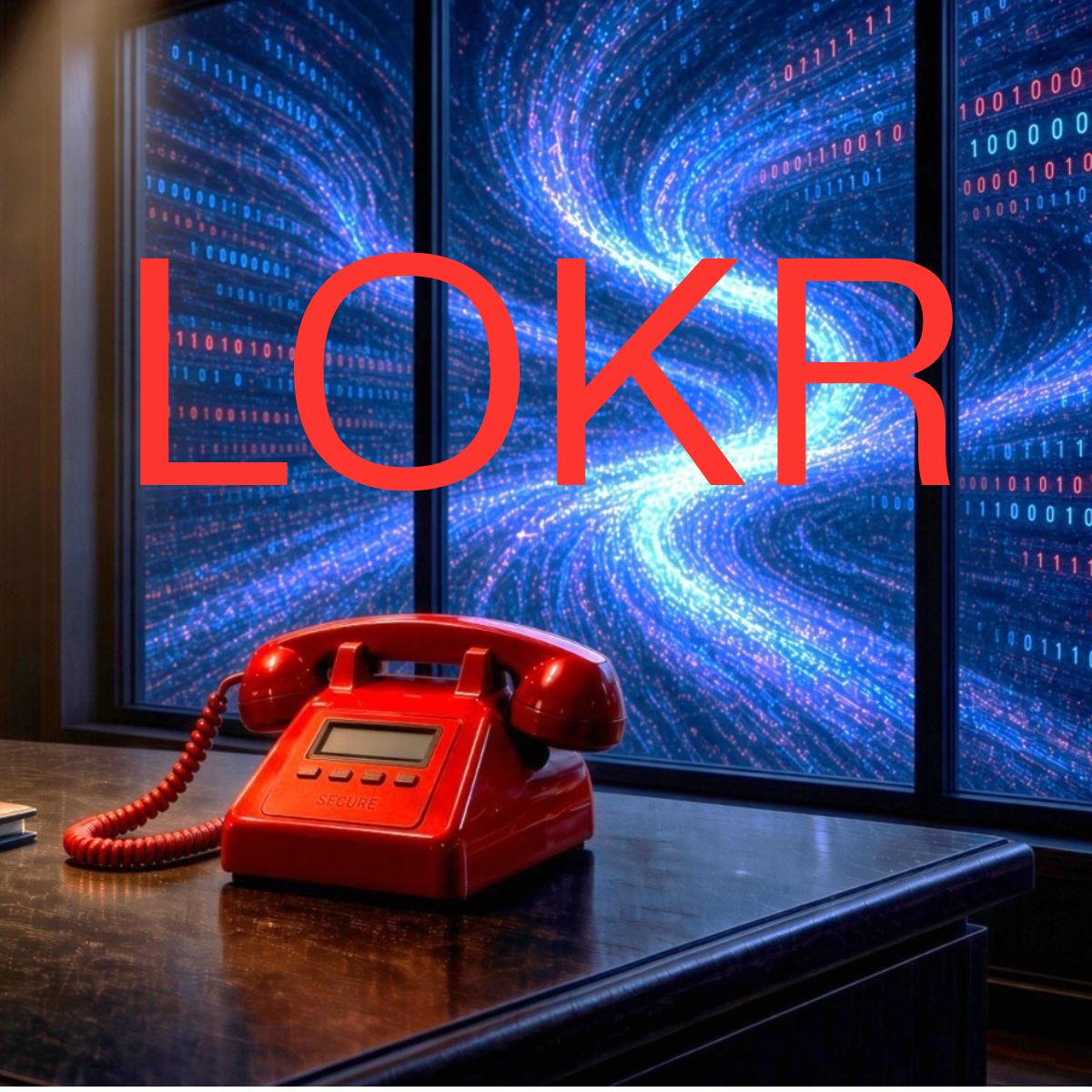 Red secure desk phone with the LOKR mark, set against a stream of encrypted data